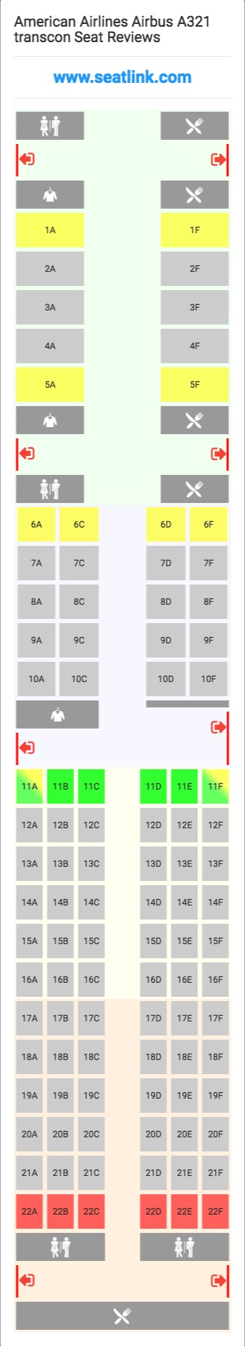 American Airlines Airbus A321 transcon (32B) Seat Map