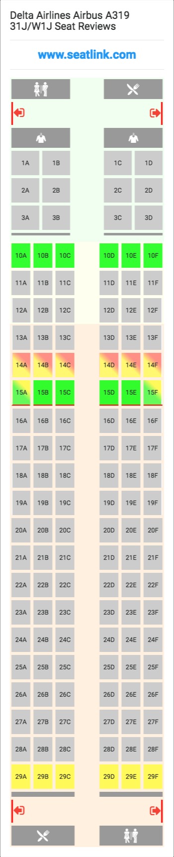 Delta Airlines Airbus A319 31J/W1J (319) Seat Map