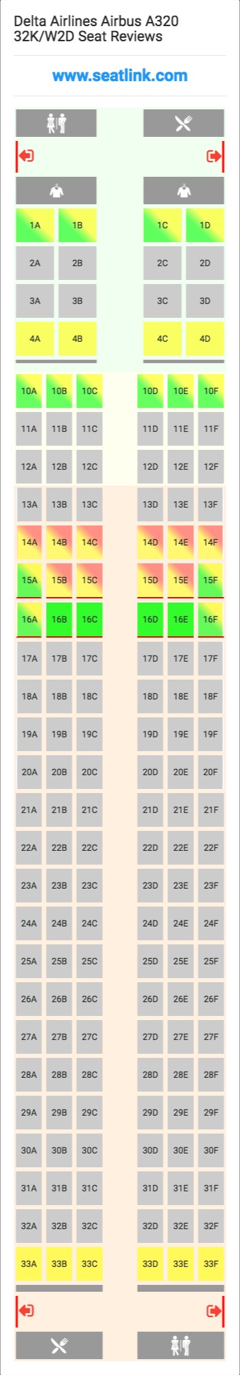 Delta Airlines Airbus A320 32K/W2D (320) Seat Map