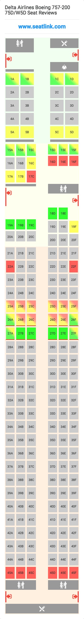 Delta Airlines Boeing 757-200 75D/W5D (752) Seat Map