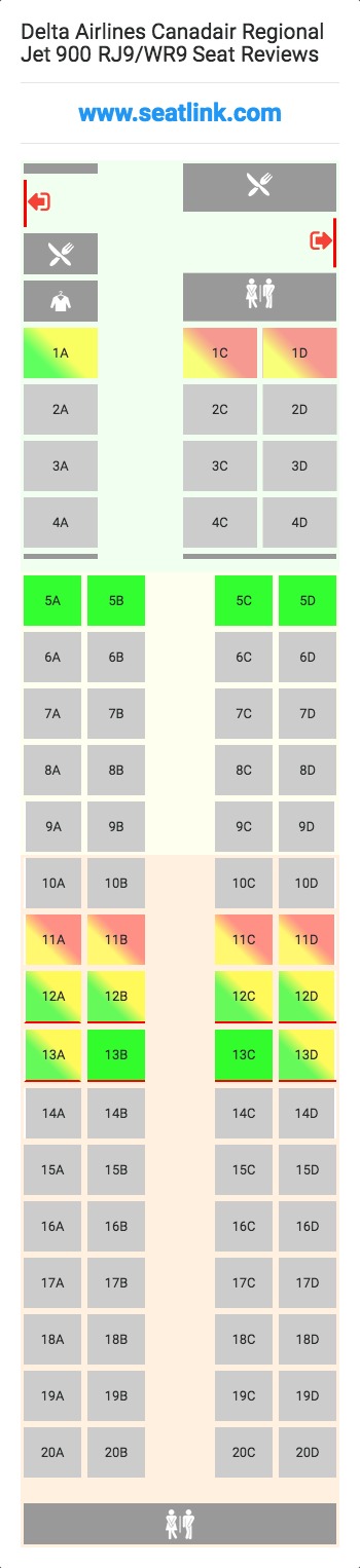 Delta Airlines Canadair Regional Jet 900 RJ9/WR9 (CR9) Seat Map