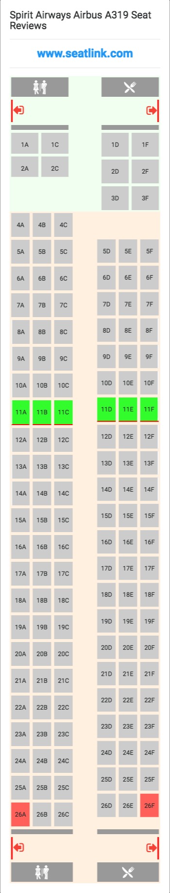 Spirit Airways Airbus A319 (319) Seat Map