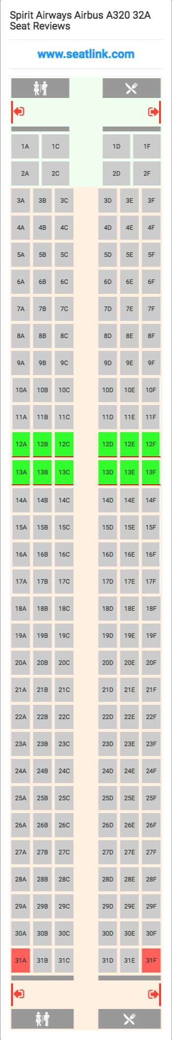 Spirit Airways Airbus A320 32A (320) Seat Map
