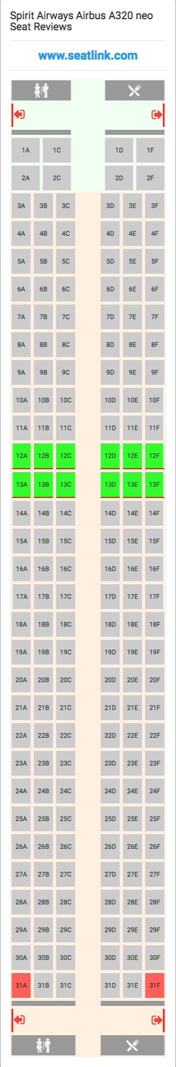 Spirit Airways Airbus A320 neo (320) Seat Map