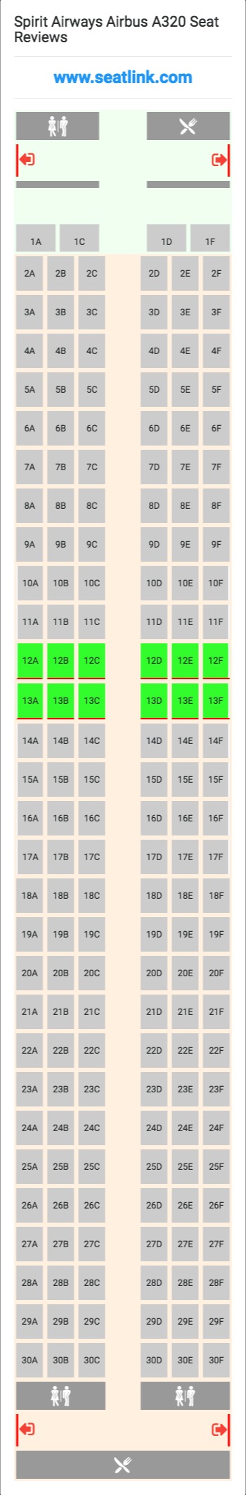 Spirit Airways Airbus A320 (320) Seat Map