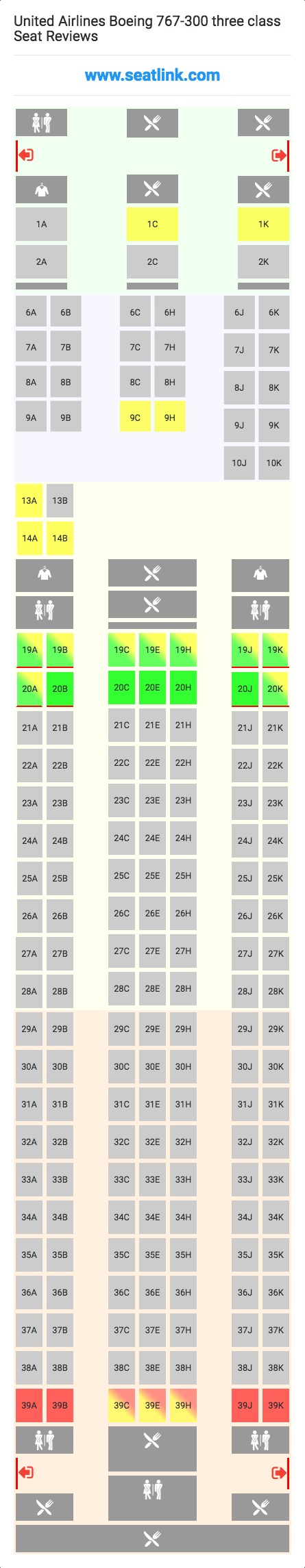 United Airlines Boeing 767-300 three class (763) Seat Map